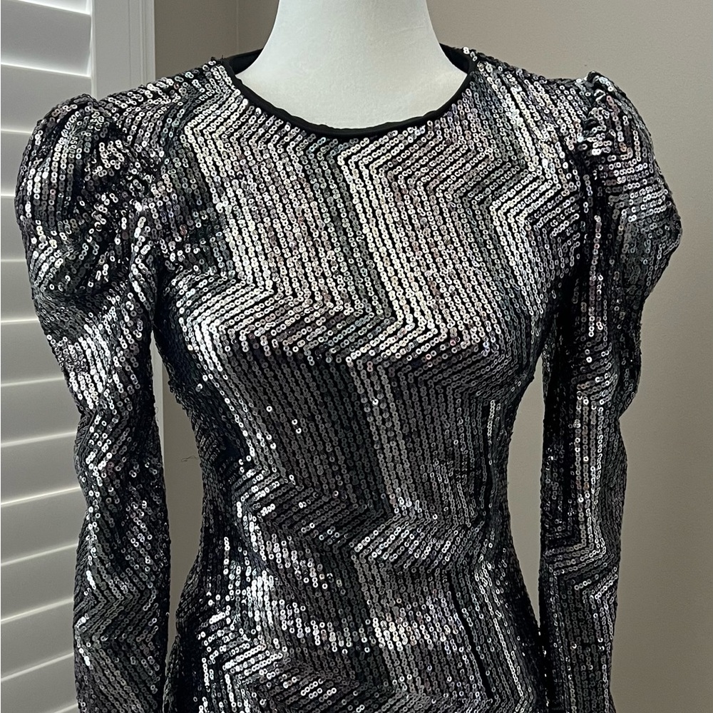 Elegant Black and Silver Sequin Long Sleeve Dress